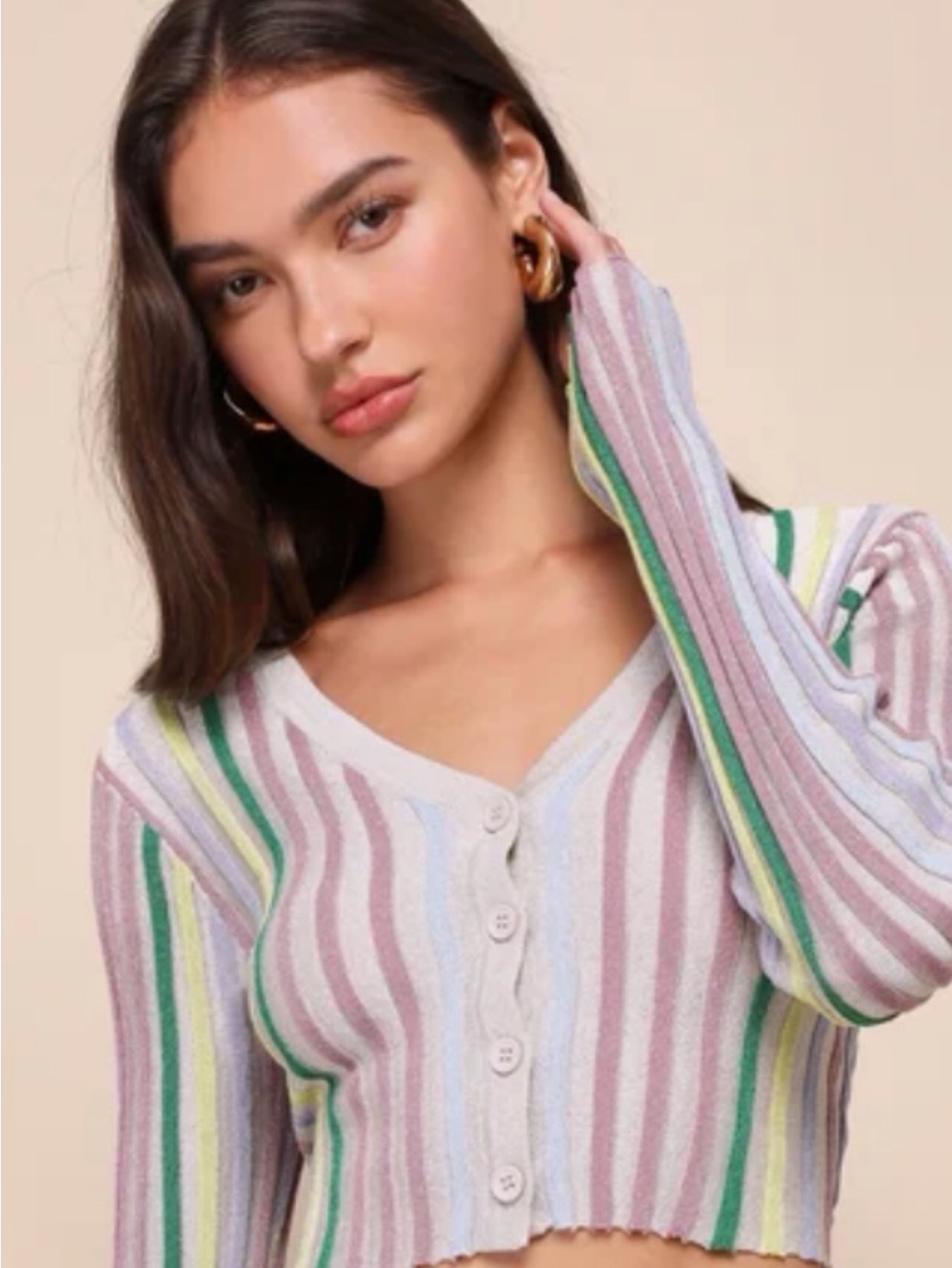 Lulus Striped Cropped Ribbed Metallic Cardigan, SzXS, NWT
